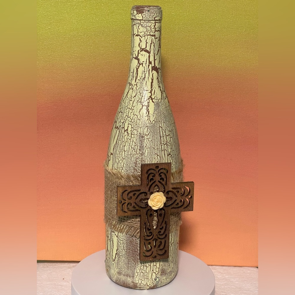 Decorative Rustic Bottle with Cross Accent Handcrafted